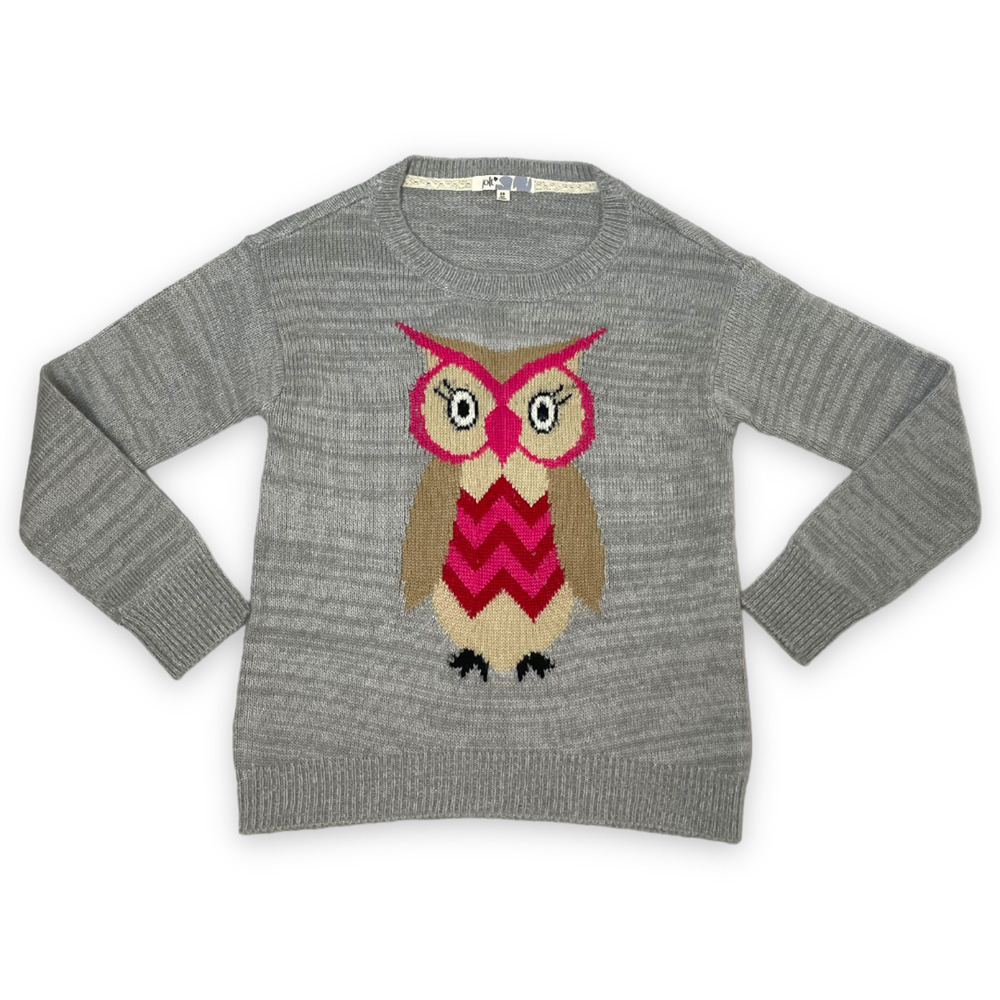 🍀 Jolt Womens Gray Owl Print Long Sleeve Round Neck Sweater Size XS